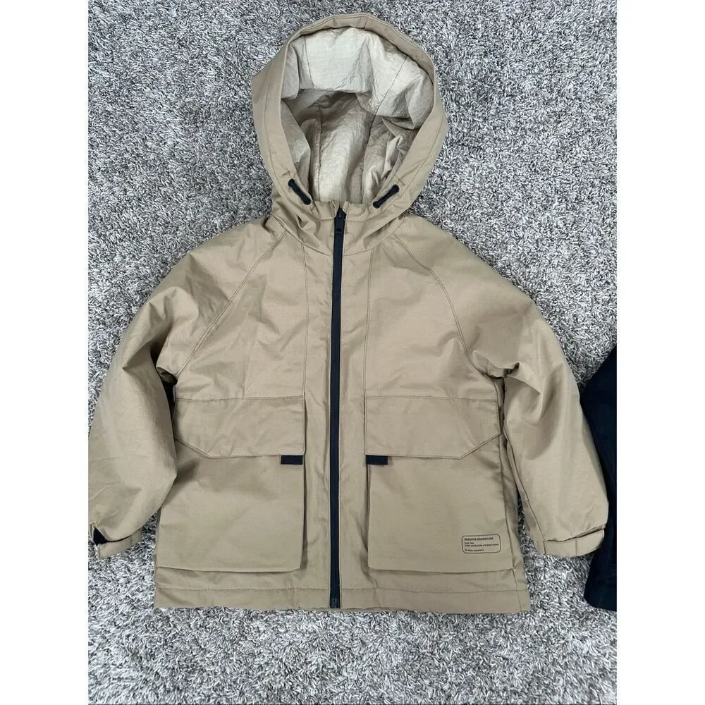 zara unisex kids boys jacket bundle black denim, tan rain jacket hoodies 5-6